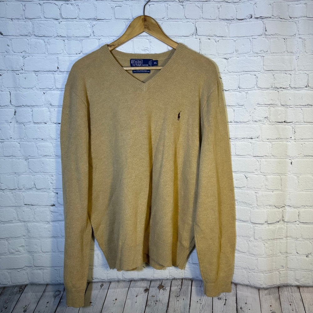 Polo Ralph Lauren Mens XL Tan Lambswool V-Neck Sweater Italian Yarn Pullover